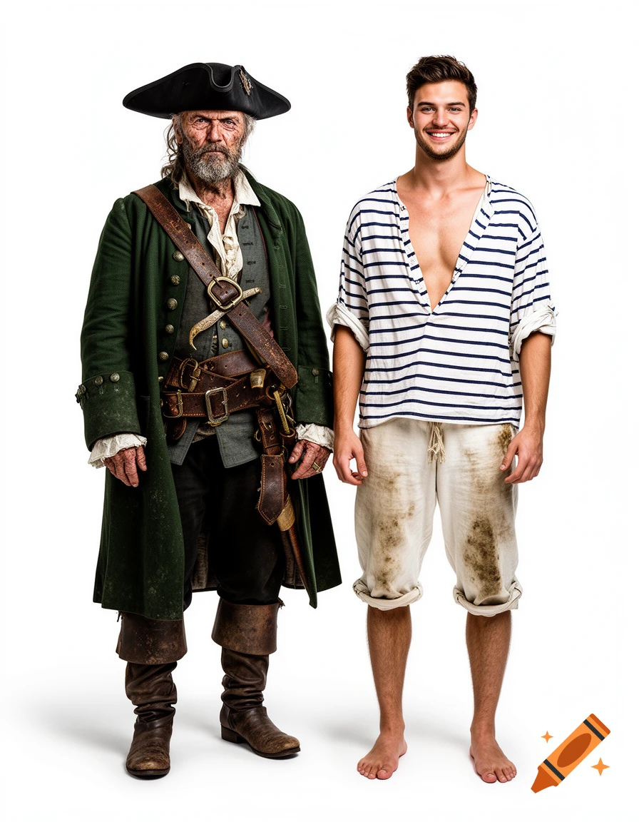 Studio portrait of two 18th-century pirates standing side-by-side against a white background, photorealistic style.