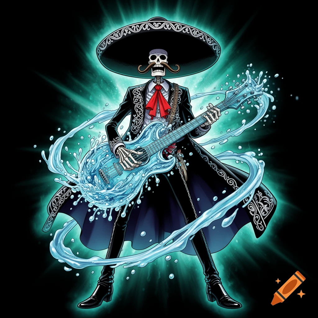 Comic style illustration of a skeleton character wearing a charro hat and playing a water guitar in front of a glowing aura.