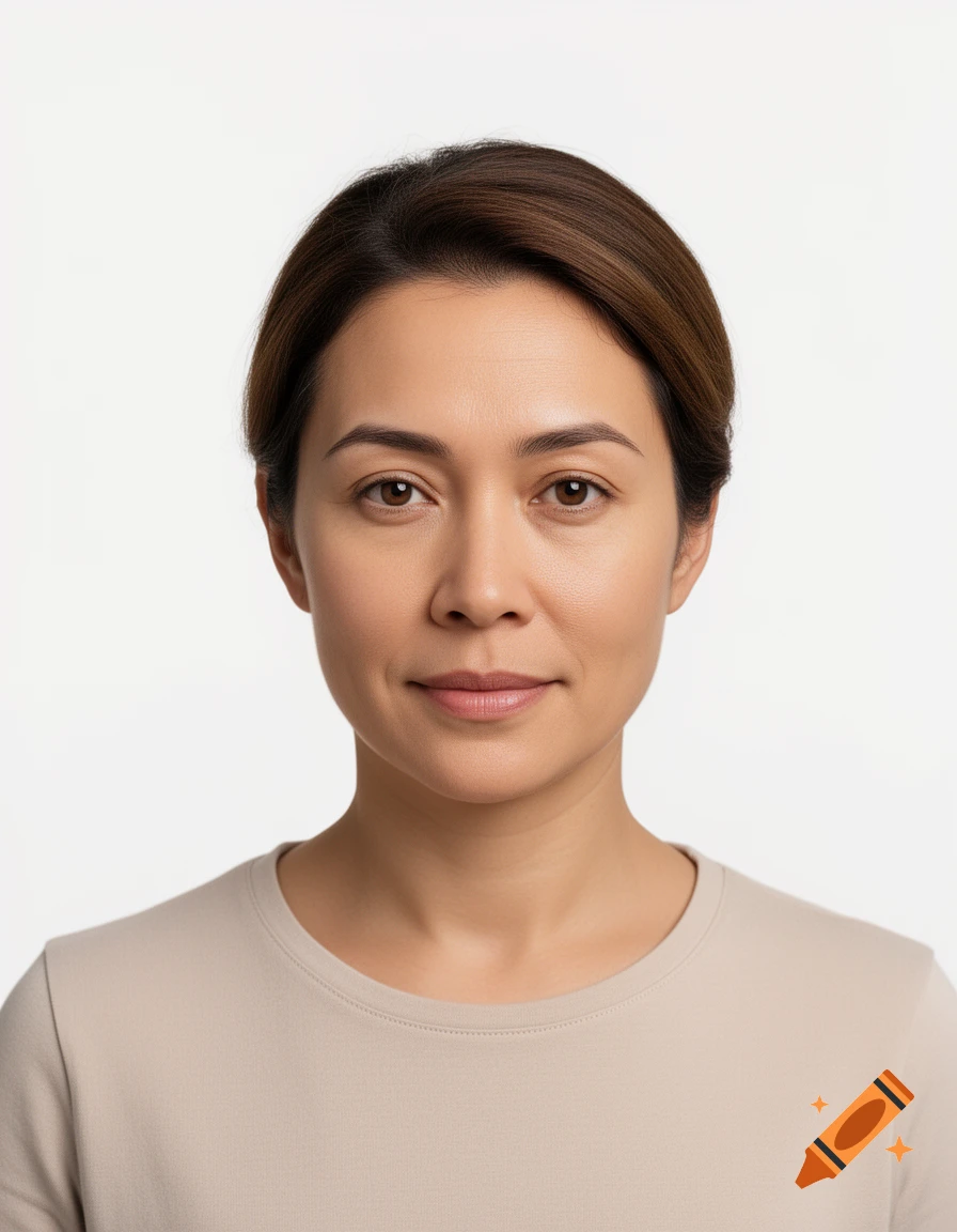Photorealistic headshot portrait of a woman with dark hair and brown eyes against a plain white background.