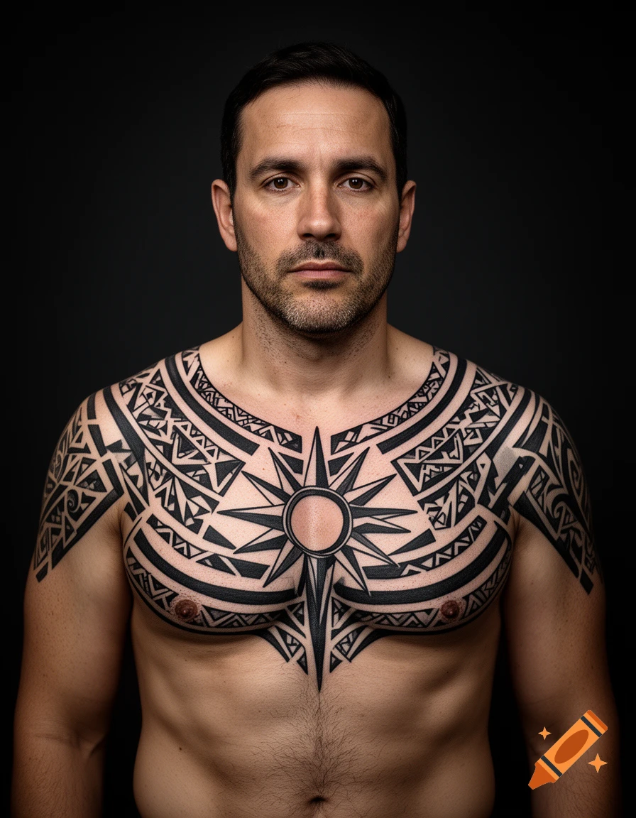Photorealistic portrait of a man with a large tribal-style chest tattoo featuring a central sun motif against a dark background.