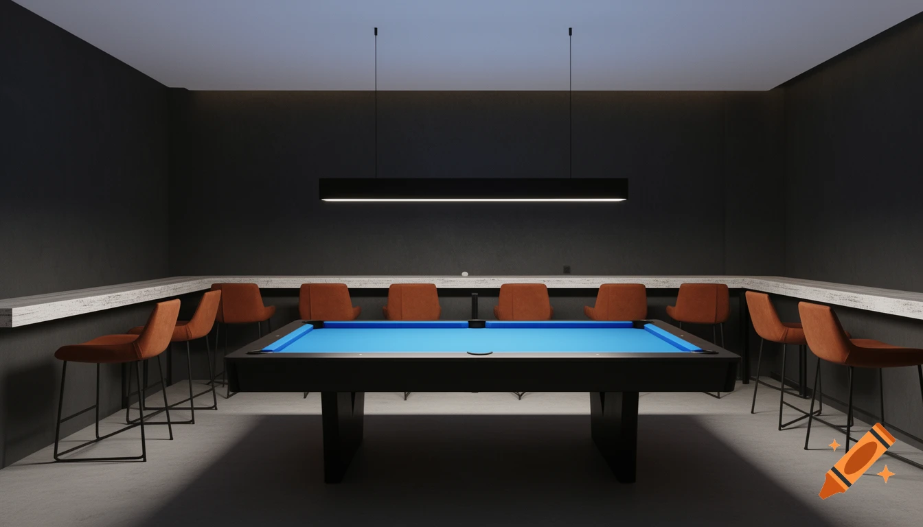 Modern minimalist bar interior featuring a black pool table with bright blue felt, surrounded by orange bar stools and a sleek light fixture.