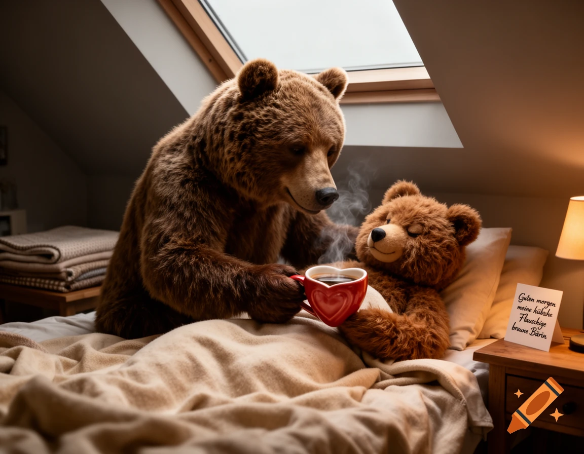 Photorealistic image of a large brown bear serving a heart-shaped cup of coffee to another bear lying in bed in an attic bedroom.