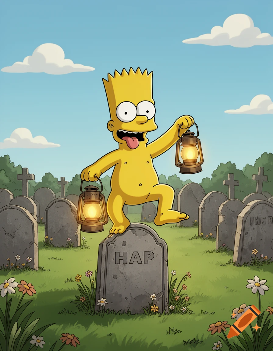 Animated cartoon character resembling Bart Simpson standing barefoot and shirtless on a tombstone in a cemetery, holding lanterns.