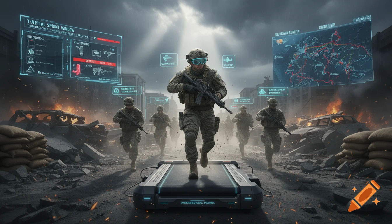 Photorealistic scene of soldiers running on futuristic treadmills in a war-torn city with tactical HUD displays in the air.