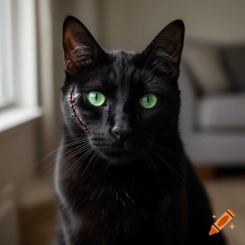 Close-up photorealistic portrait of a black cat with striking green eyes and a facial scar.