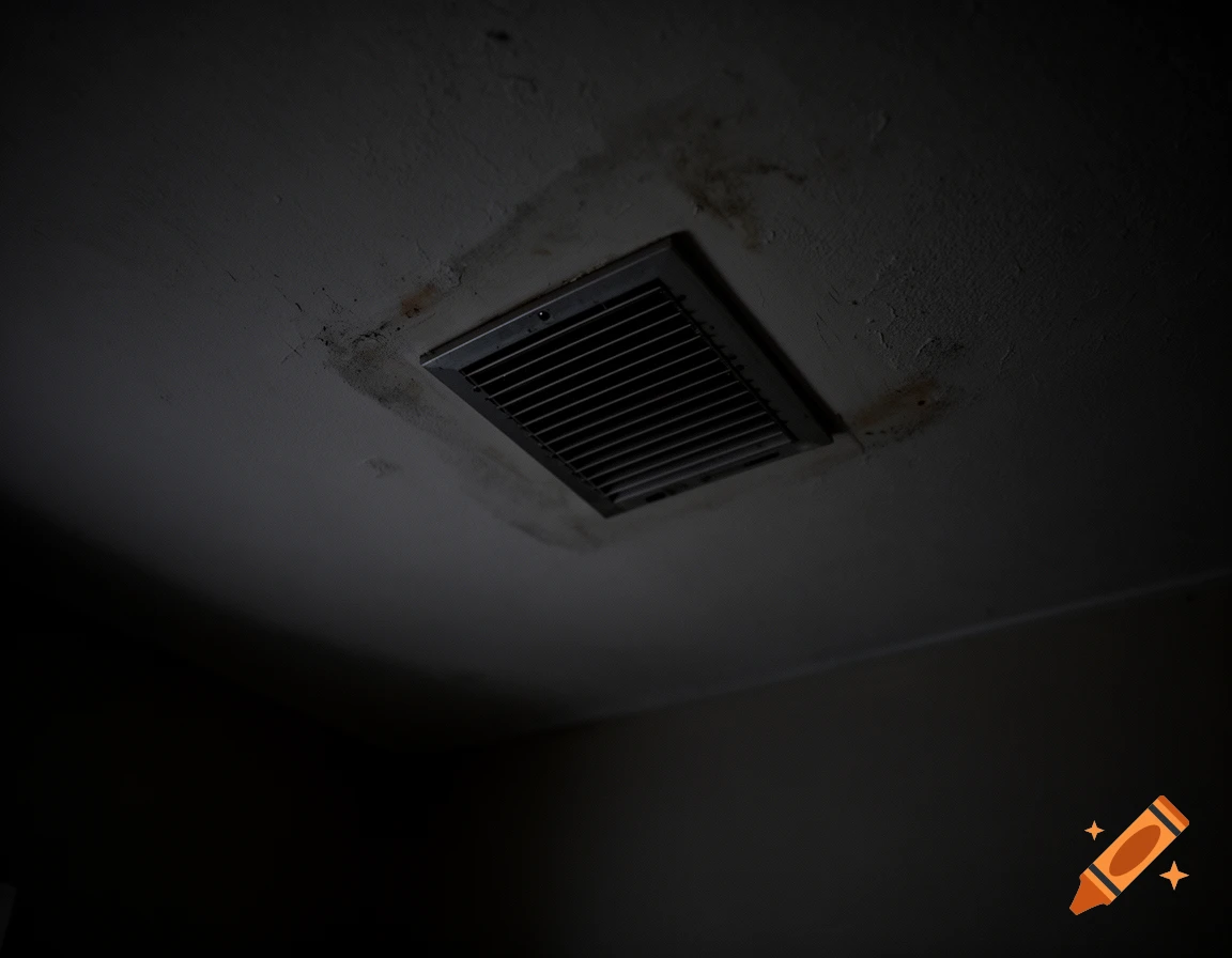 A dark room ceiling with a metal air vent grate, dimly lit.