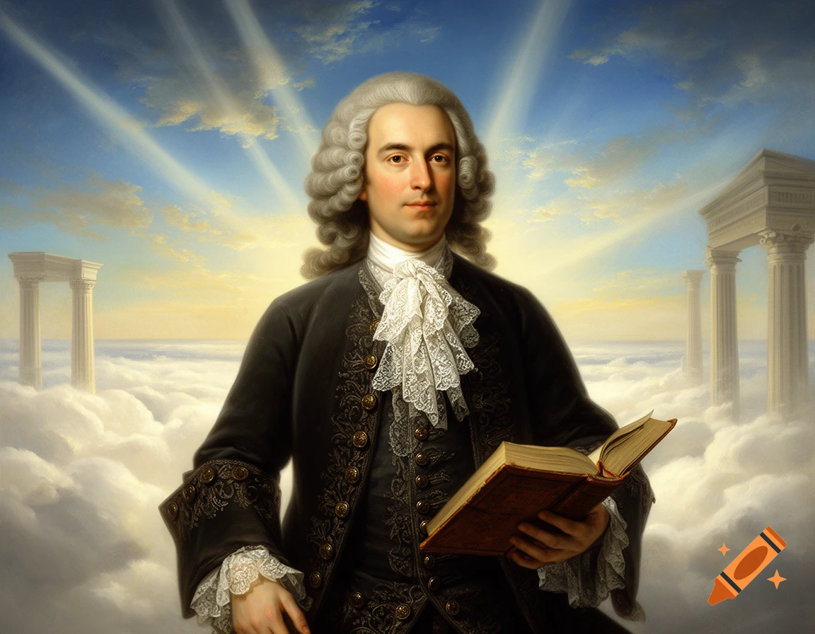 A classical portrait of Montesquieu in heaven holding an open book, surrounded by clouds and ancient pillars.