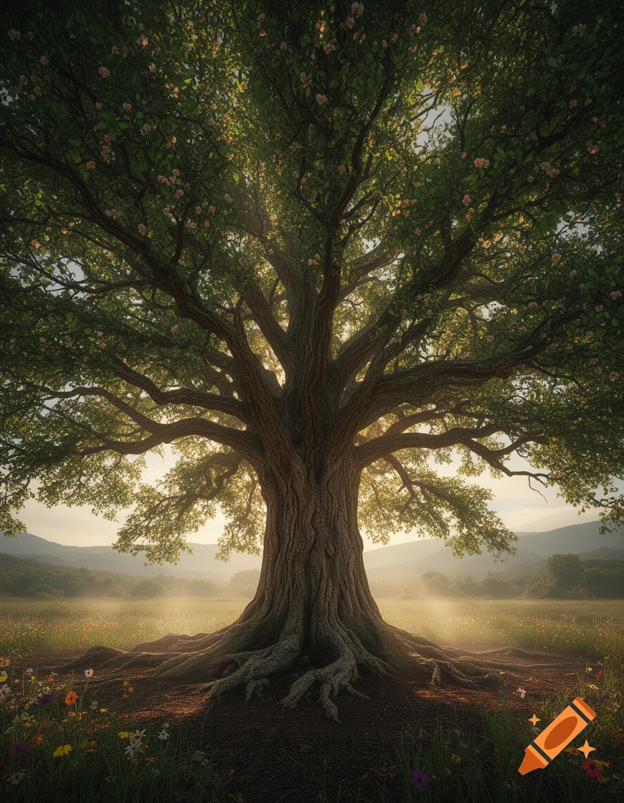Photorealistic tree of life with sprawling roots in a sunlit meadow with wildflowers.
