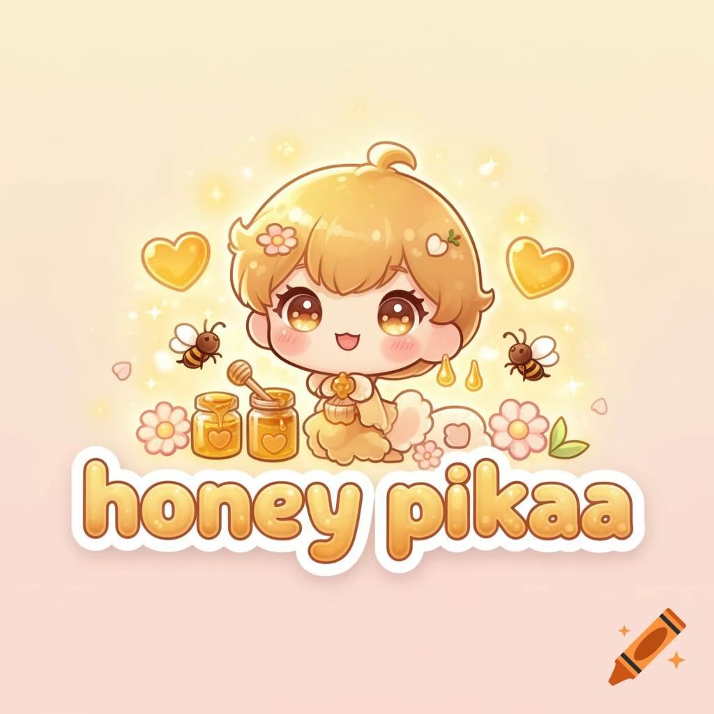Chibi anime character surrounded by honey pots, bees, and hearts, with the text 'honey pikaa'