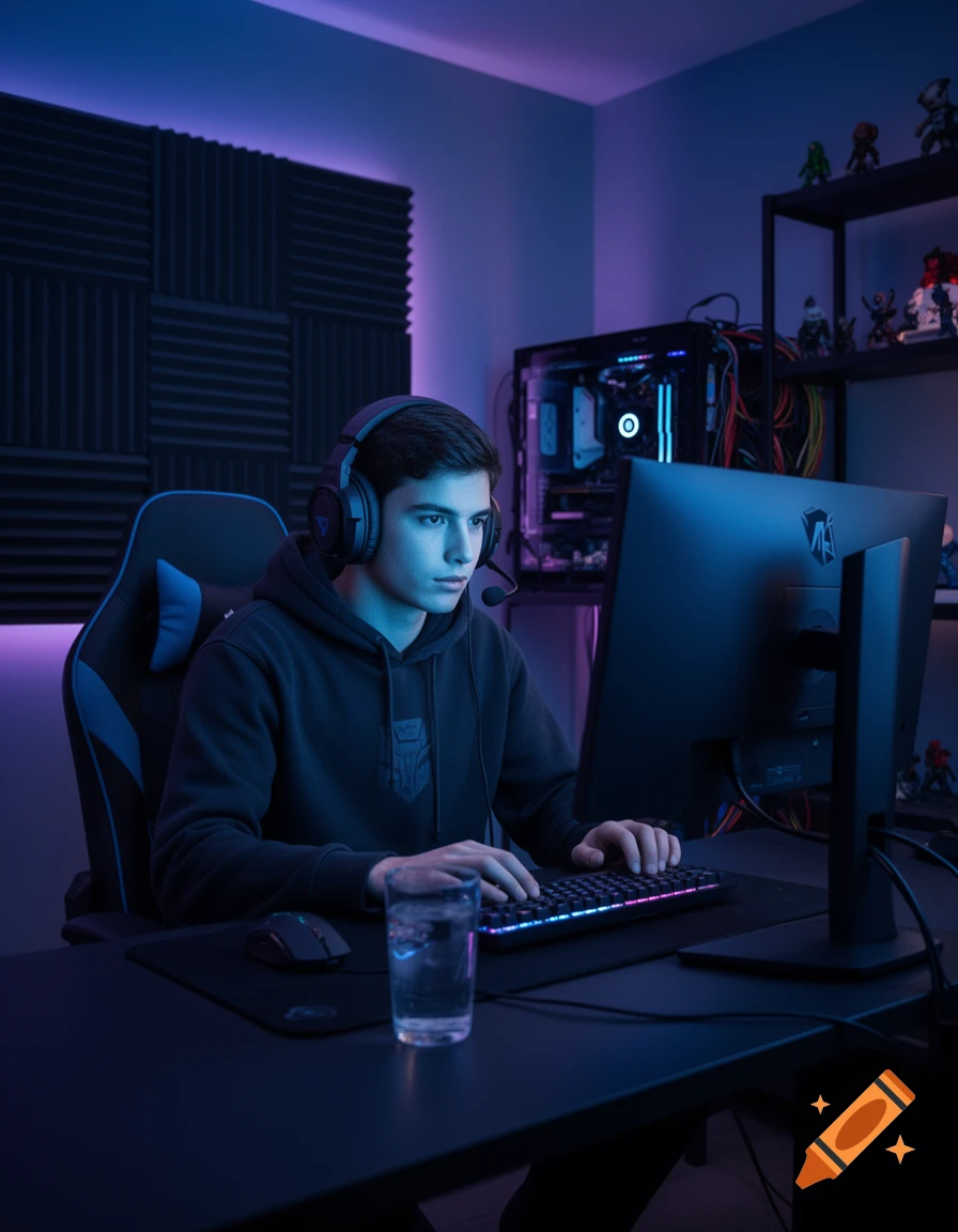 Photorealistic image of a young man wearing headphones, sitting at a desk with a computer setup in a blue-lit room.