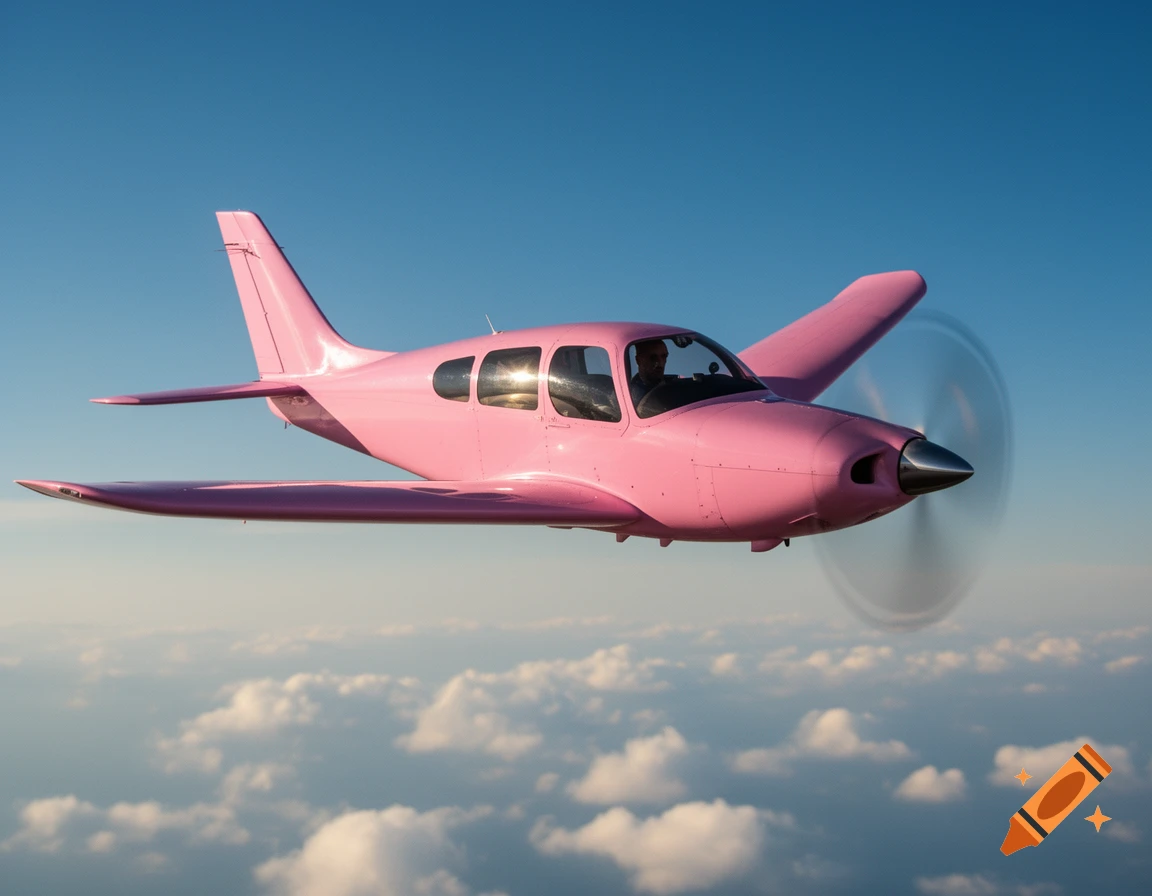 Photorealistic image of a pink airplane flying above a layer of fluffy white clouds under a clear blue sky.