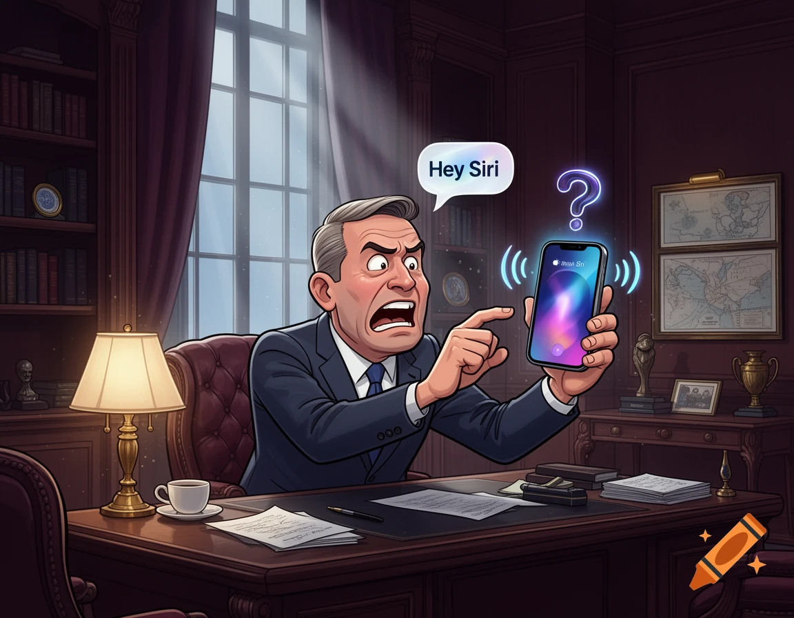 Cartoon of a frustrated man in a suit at a desk, looking at an AI assistant interface on his phone in a dark wood office.