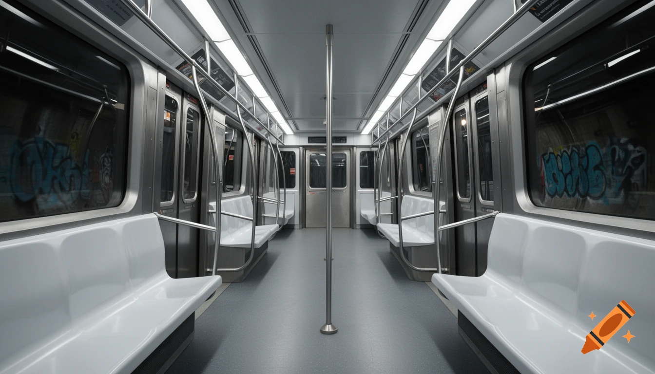 Photorealistic interior view of a modern, clean, and empty subway car with white seats and chrome handrails.