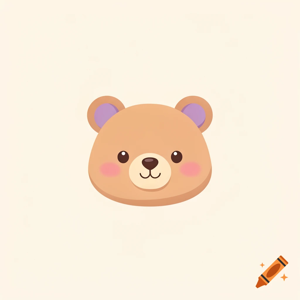 Minimalist vector illustration of a cute bear head with round ears and pink cheeks on a beige background.