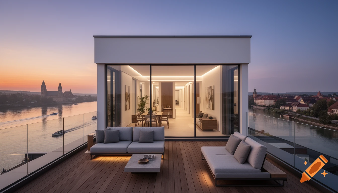 Photorealistic sunset view from a modern luxury penthouse balcony overlooking a river and city skyline.