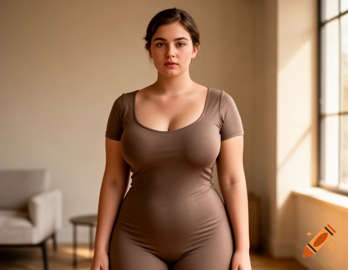 Photorealistic portrait of a young woman standing indoors wearing a fitted brown jumpsuit.