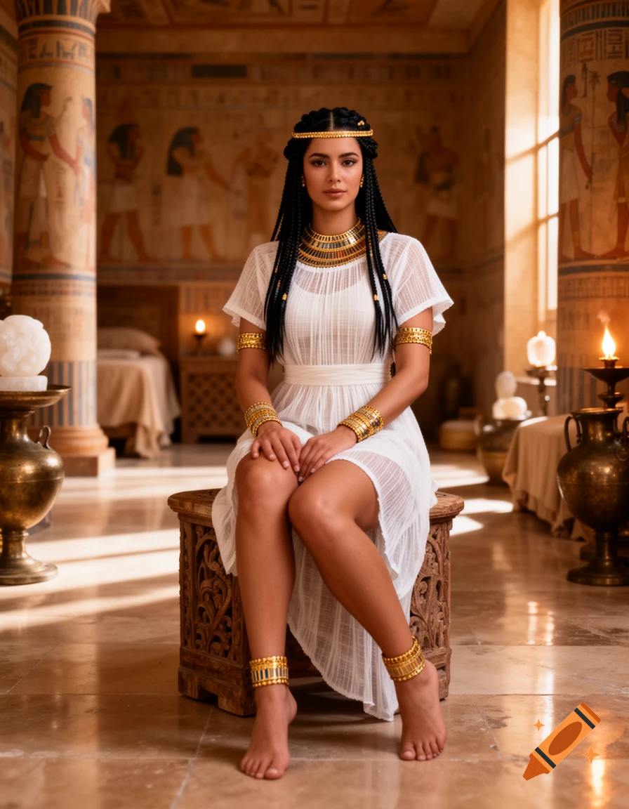 Photorealistic portrait of a woman in ancient Egyptian attire with braided black hair and gold jewelry, seated in an ancient hall.