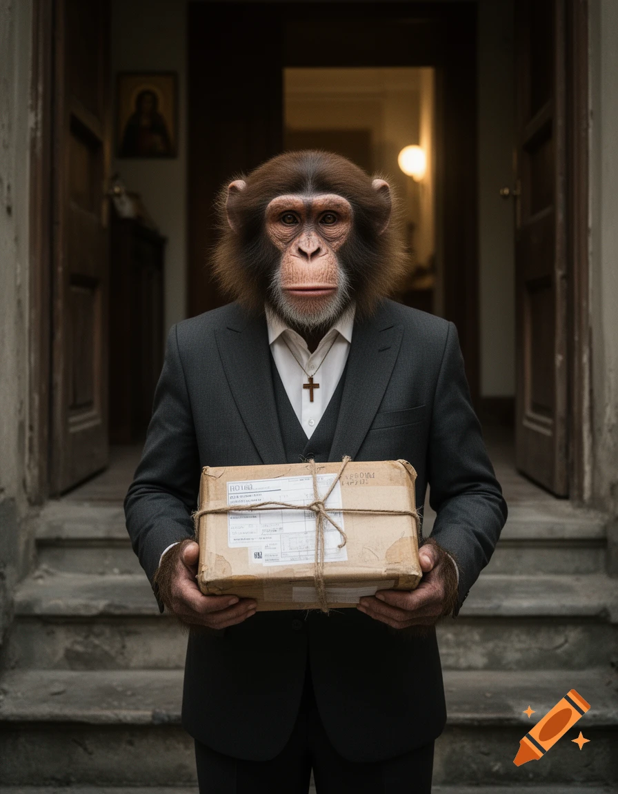 Photorealistic portrait of a chimpanzee wearing a dark suit, clerical collar, and cross necklace, holding a wrapped package.