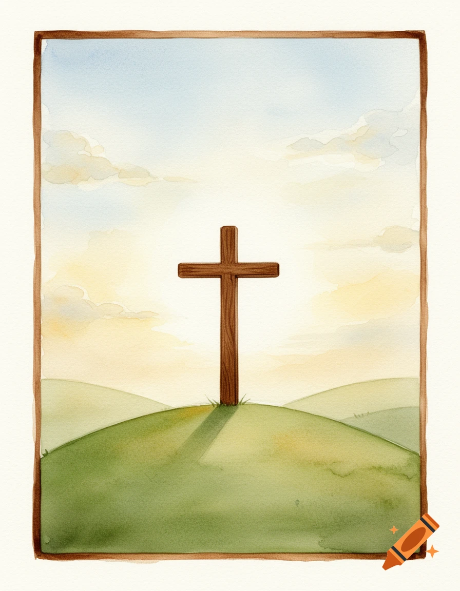 watercolor greeting card style illustration of a brown cross on a grassy hill under a cloudy sky with a brown border
