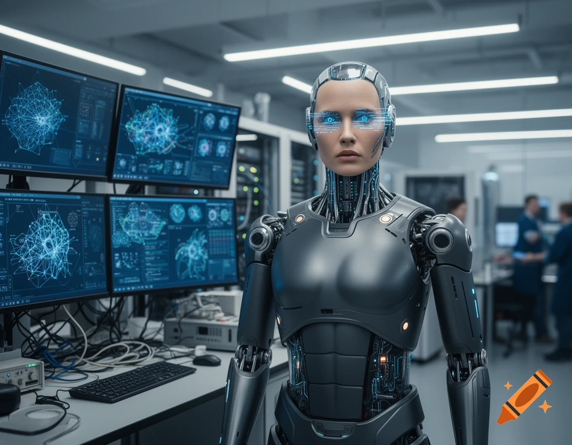 Photorealistic depiction of a humanoid robot standing in a futuristic laboratory with monitors displaying data in the background.