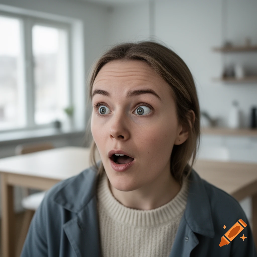Close-up photorealistic shot of a young woman with a shocked expression, wearing a blue shirt over a white knit sweater in a modern kitchen.