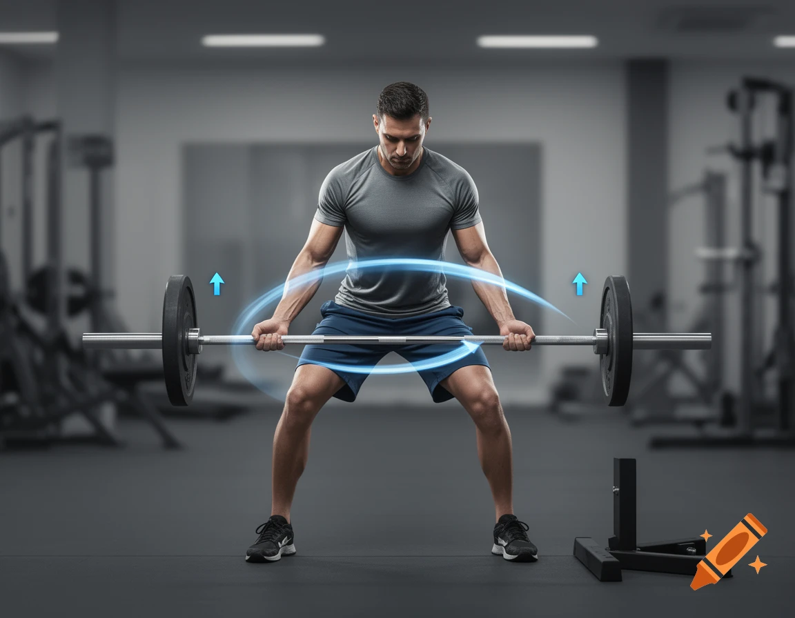 Photorealistic image of a man performing a landmine rotation exercise in a gym with glowing directional arrows.