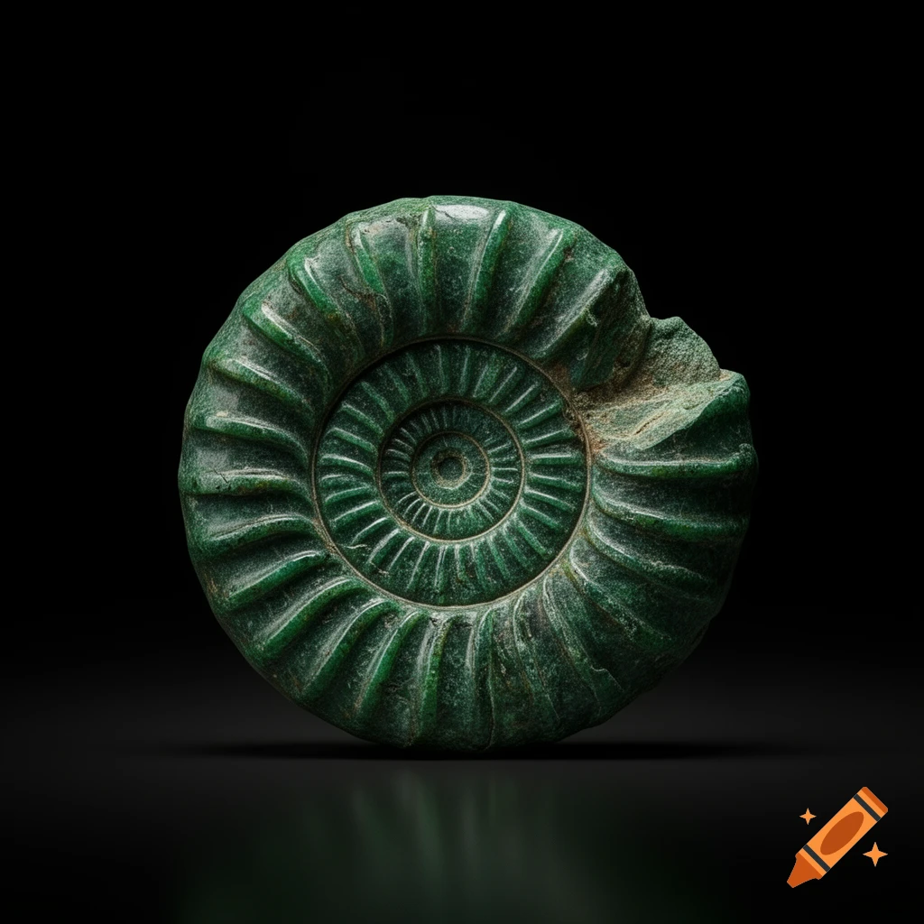 An emerald green ammonite fossil with intricate spiral patterns on a black background.