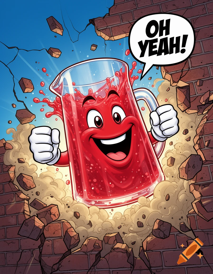 Comic book style illustration of a red liquid pitcher character bursting through a brick wall, with a speech bubble reading OH YEAH!