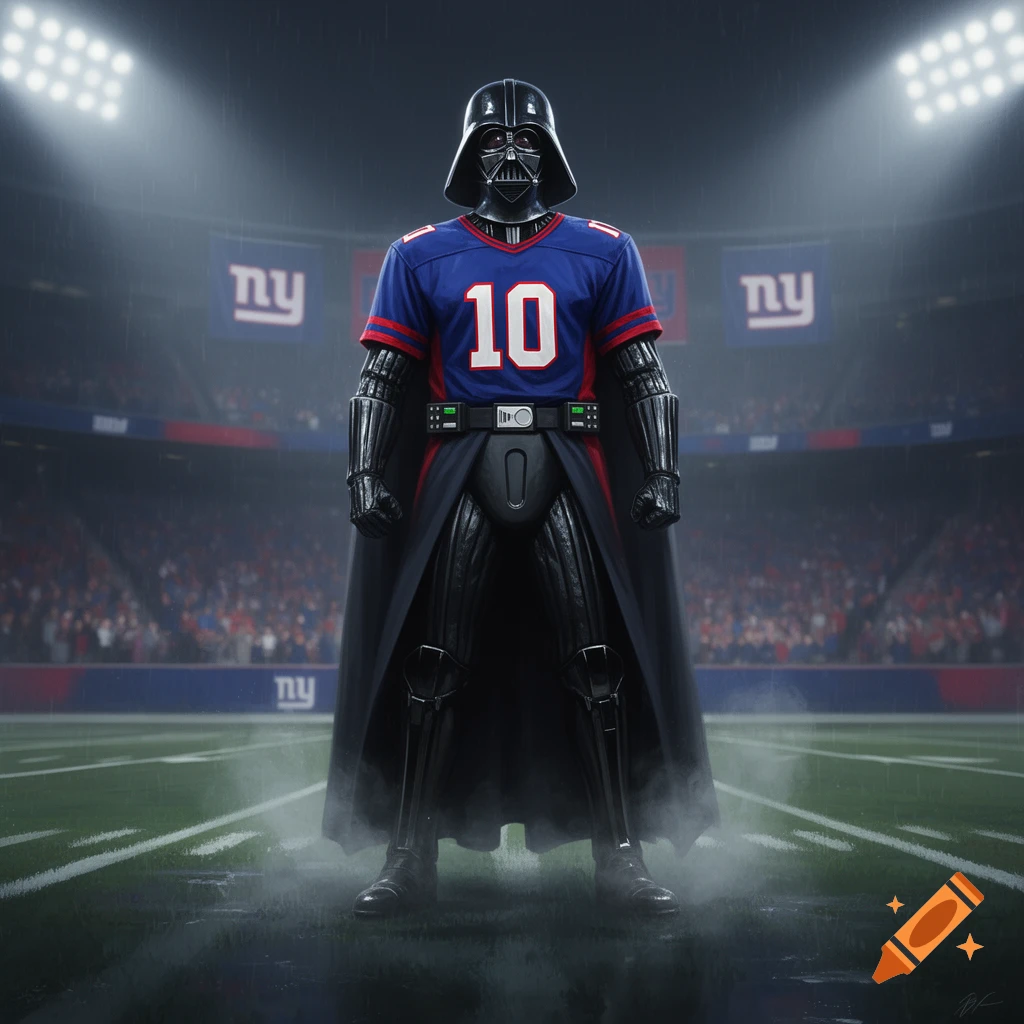 Darth Vader wearing a blue and red New York Giants football jersey with the number 10, standing on a football field in a stadium under bright lights, photorealistic.