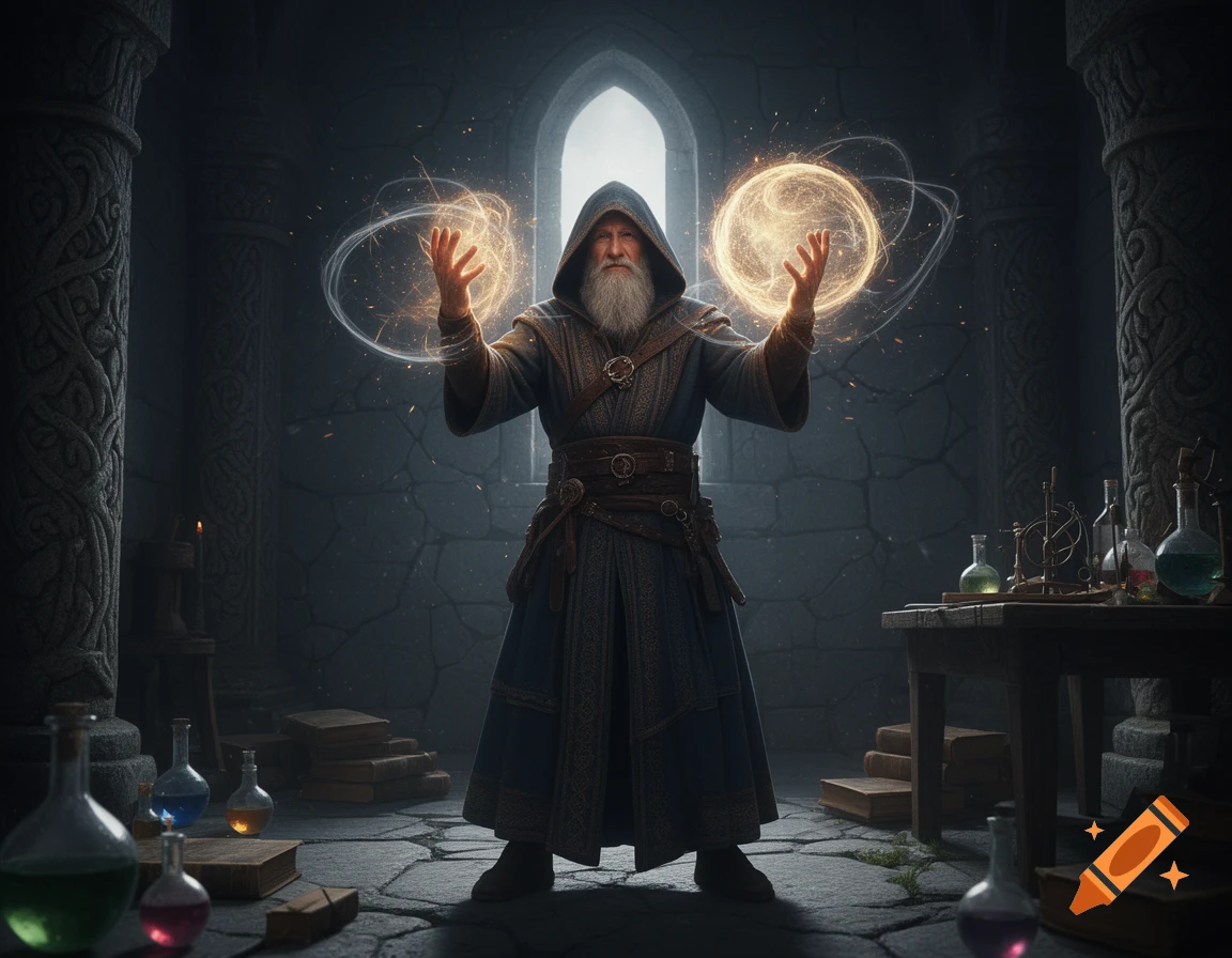 Photorealistic image of a wizard with a long white beard and hood standing in a stone castle, casting glowing magic spells with his hands.