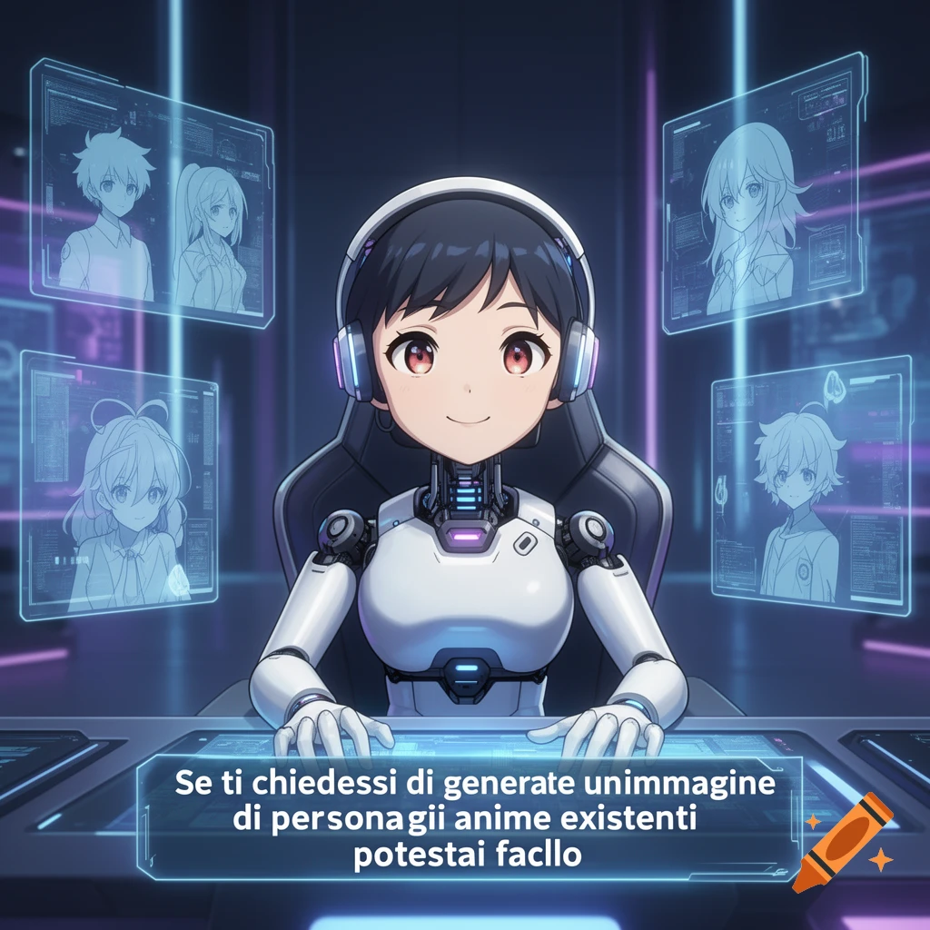 An anime-style female robot wearing headphones sitting at a futuristic console with floating holographic screens displaying character designs.