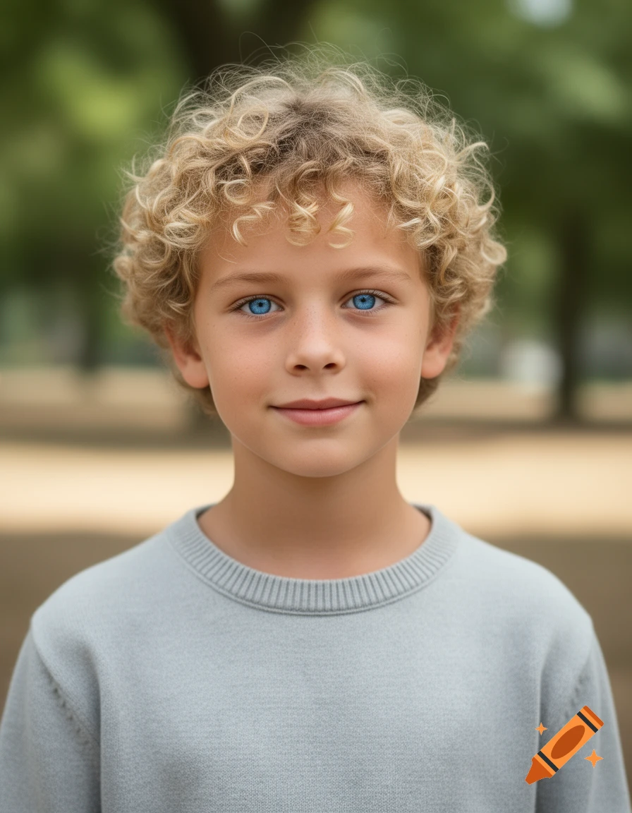 Photorealistic portrait of a young boy with curly blonde hair and bright blue eyes, wearing a light blue sweater, outdoors.