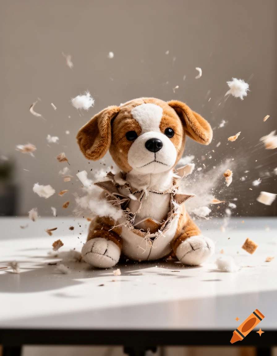 Photorealistic image of a stuffed brown and white puppy toy exploding into fluff on a white table.