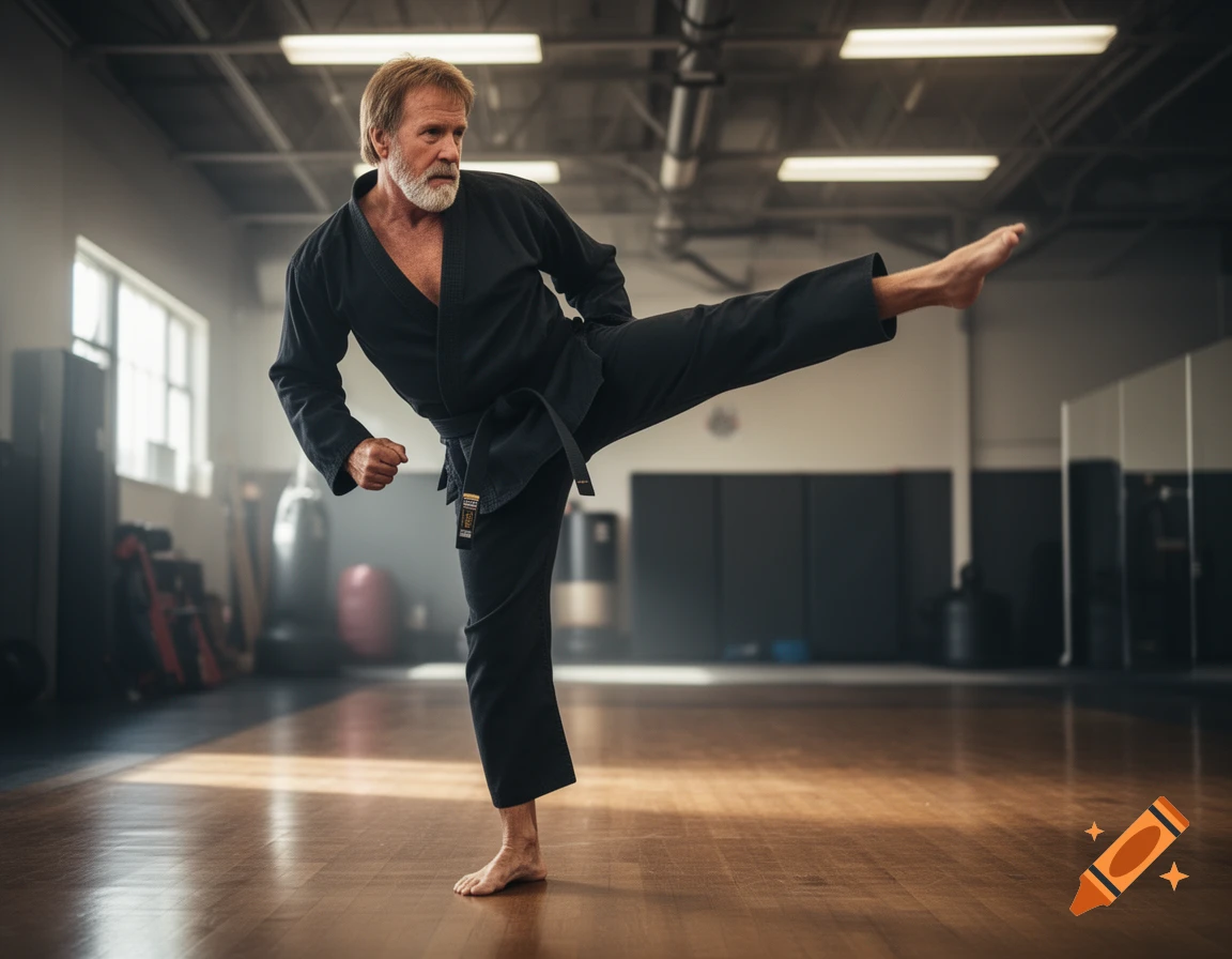 Photorealistic image of an elderly man with a beard executing a high roundhouse kick in a gym.
