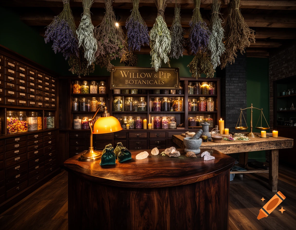 Photorealistic cozy rustic apothecary with wooden counters, hanging dried herbs, illuminated jars, and a shop sign reading 'Willow & Pip Botanicals'.