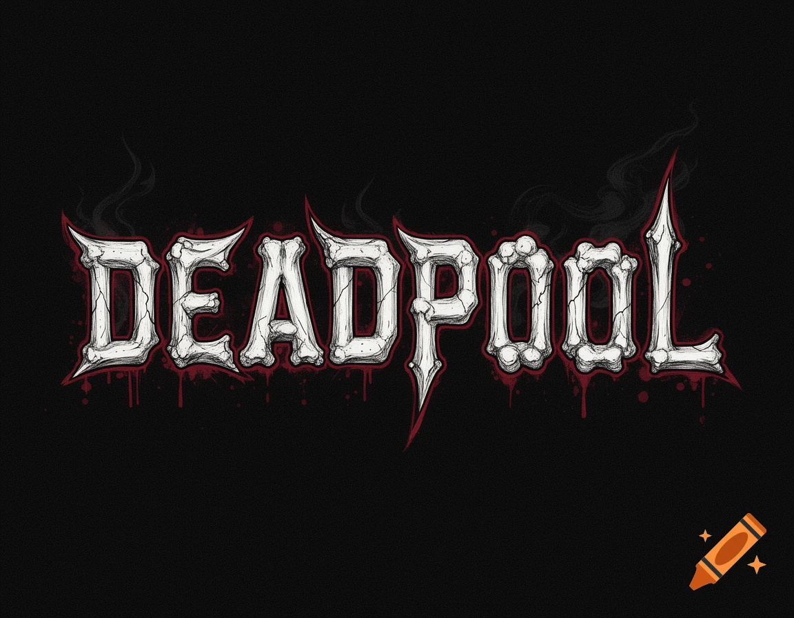 The word DEADPOOL written in a spooky bone-textured font with red dripping accents on a black background.
