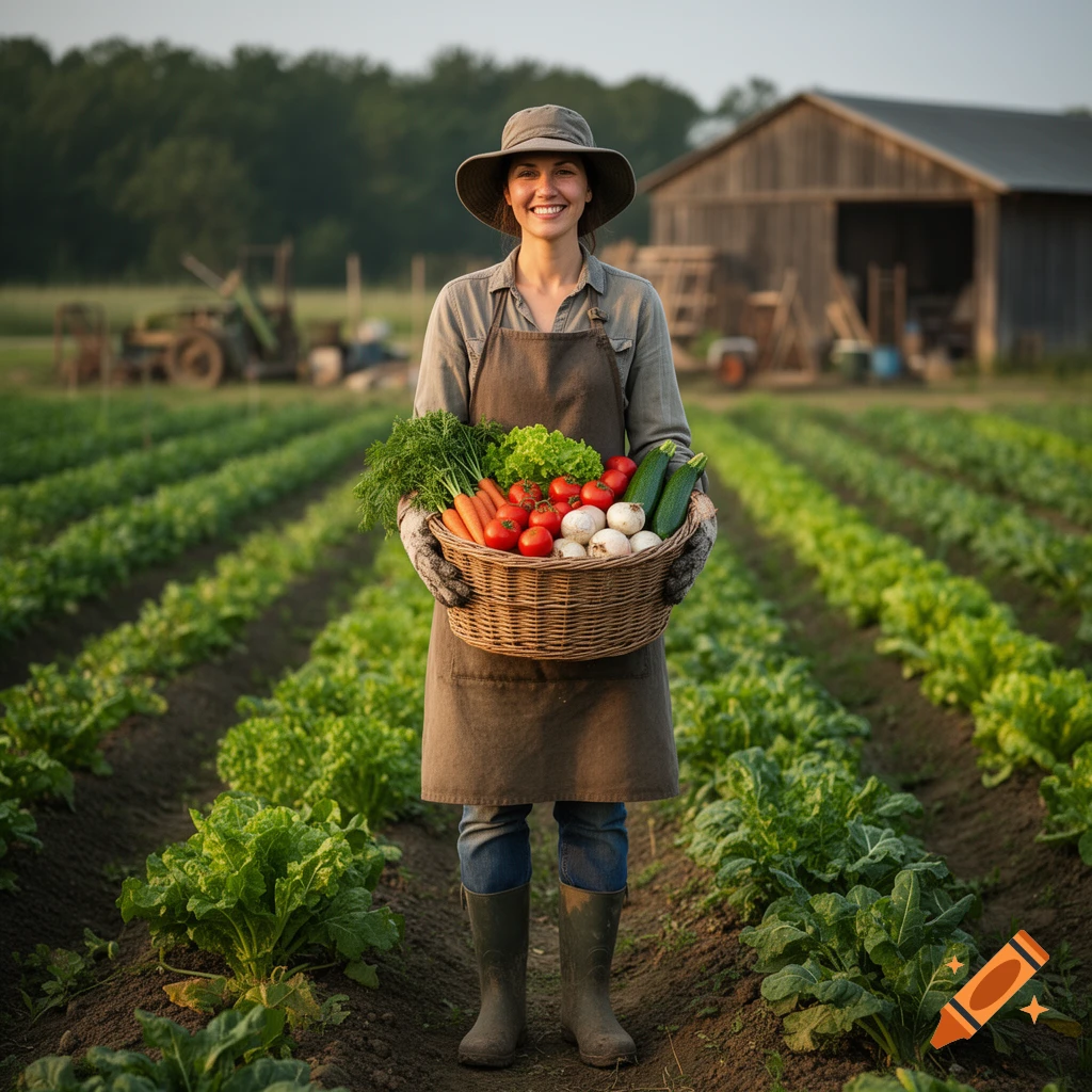 Photorealistic image of a smiling female farmer holding a basket of fresh vegetables in a field with a barn in the background.