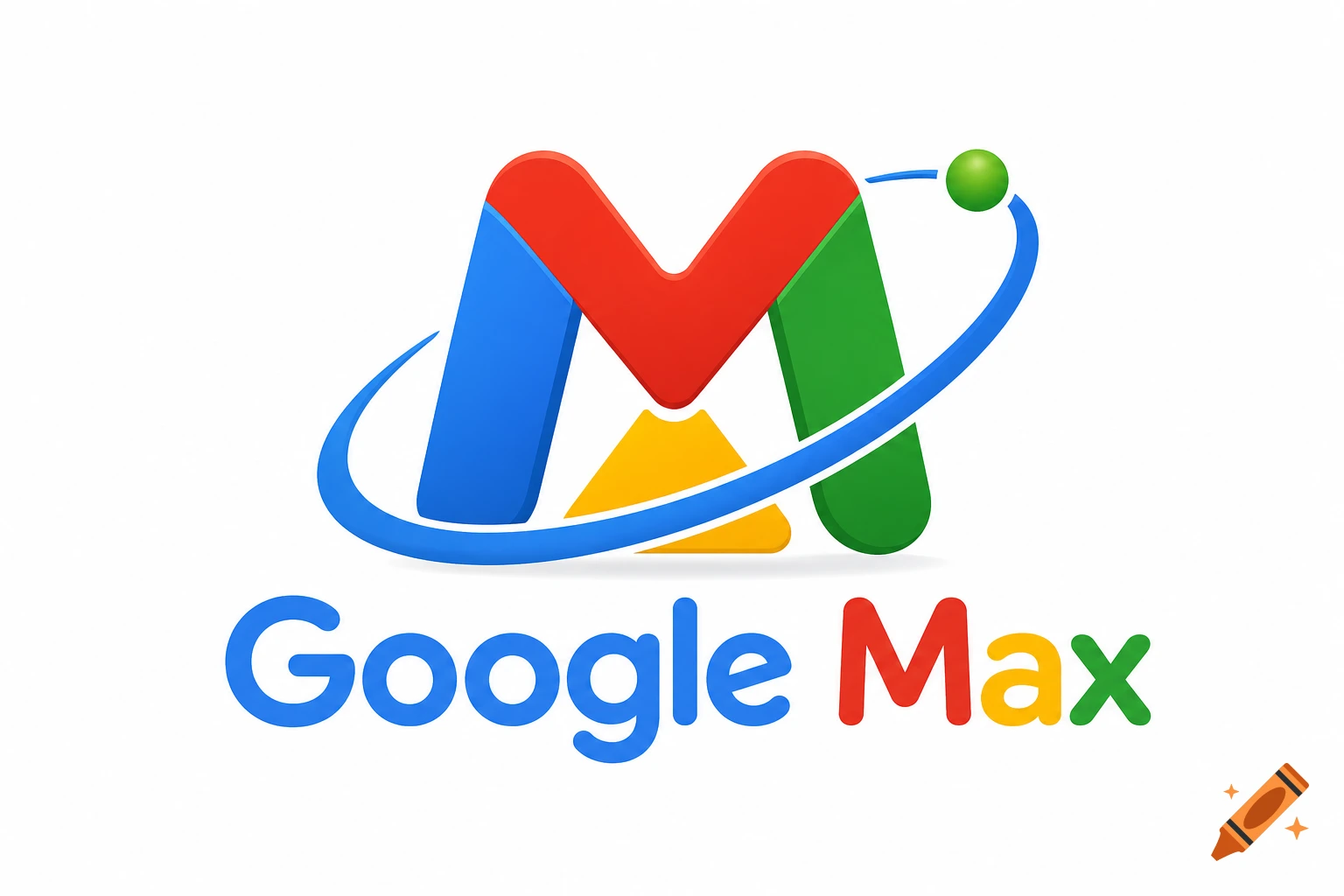 Colorful stylized 3D Google Max logo with an orbiting sphere on a white background.