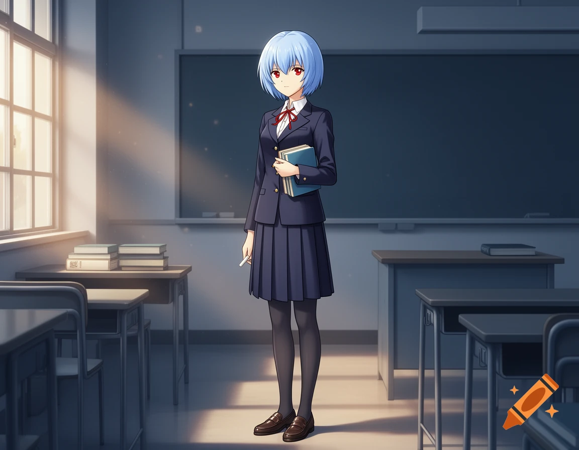 Anime style illustration of Rei Ayanami in a school uniform holding books in a classroom.