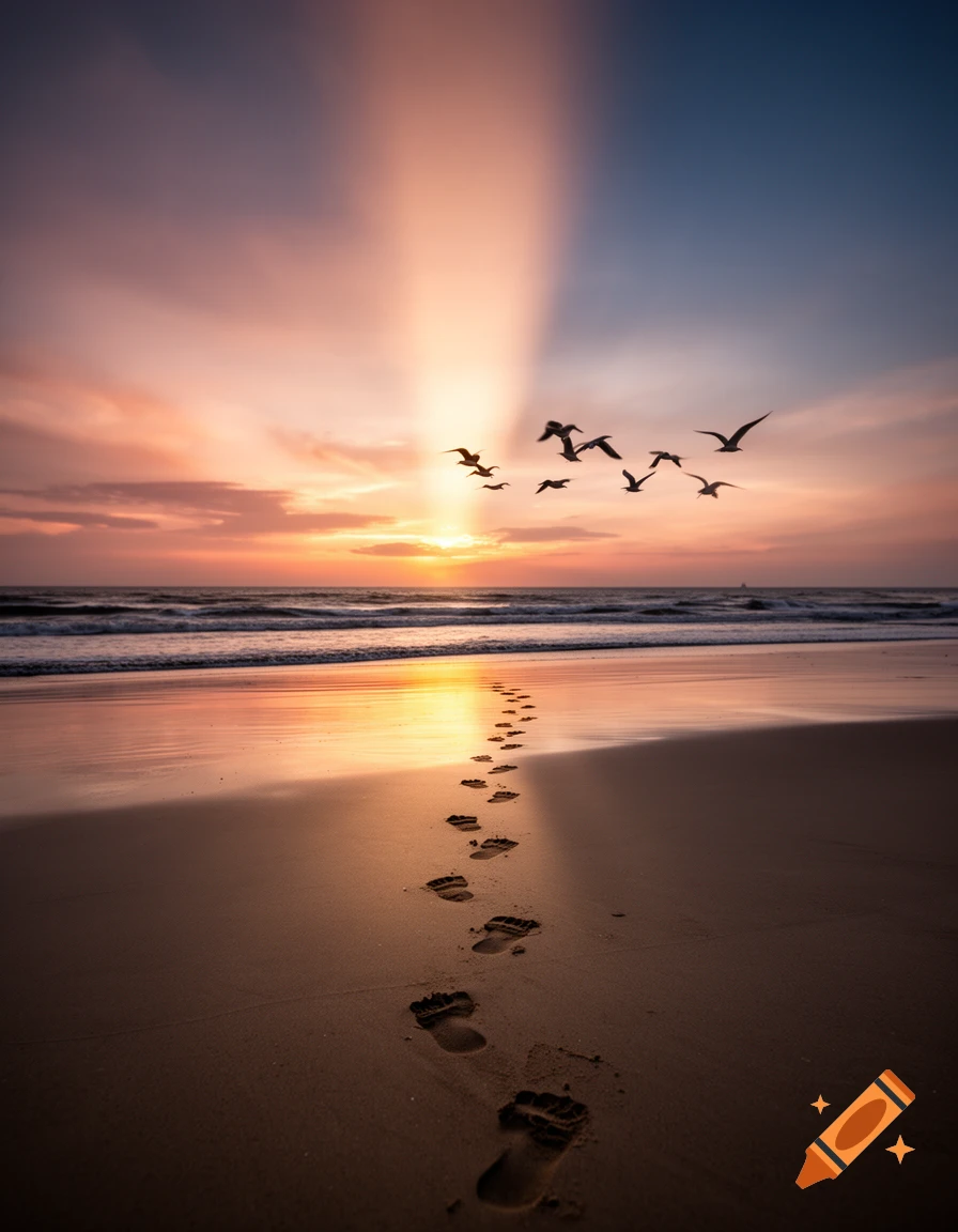 Footprints in the sand on a beach at sunset with flying birds under a dramatic sky.