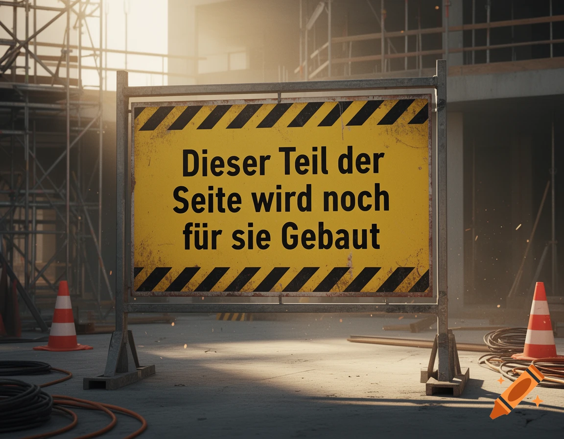Photorealistic construction site with a warning sign reading 'Dieser Teil der Seite wird noch für sie Gebaut' flanked by traffic cones.