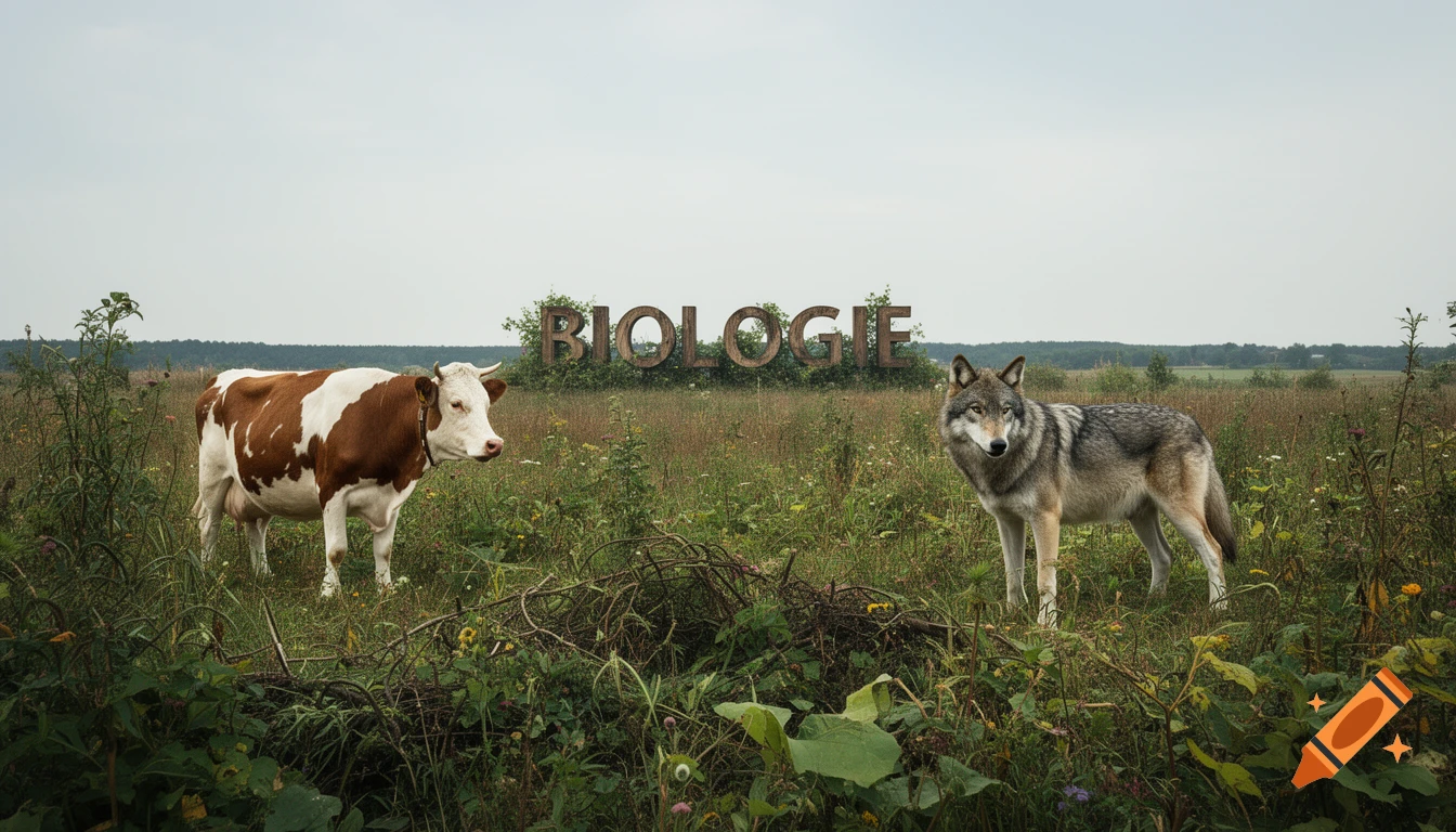 A photorealistic image of a brown-and-white cow and a grey wolf standing in a field with overgrown plants and a 'BIOLOGIE' sign in the background.