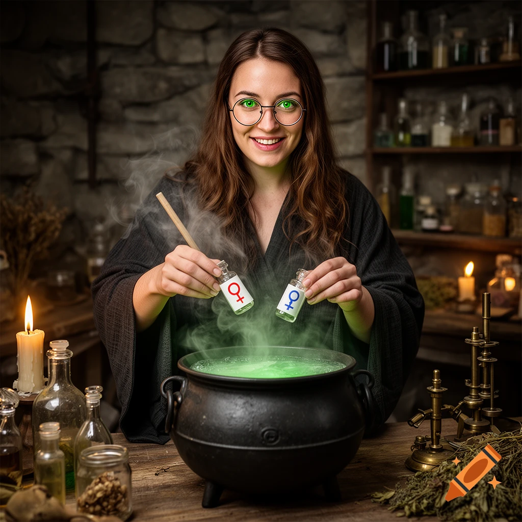 Photorealistic image of a smiling witch with green eyes and glasses holding two potion bottles over a bubbling cauldron in a stone room.