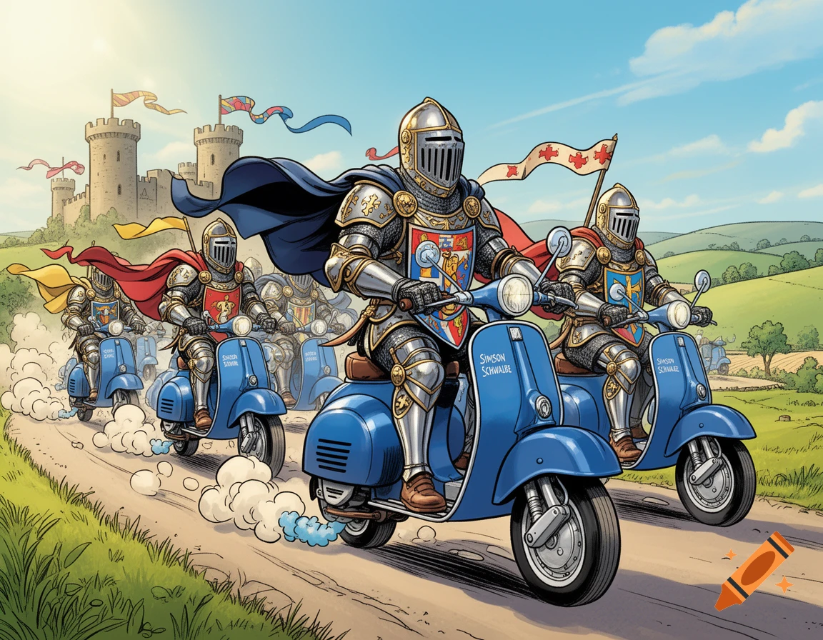 Comic-style illustration of medieval knights in armor riding blue scooters along a country road toward a castle.