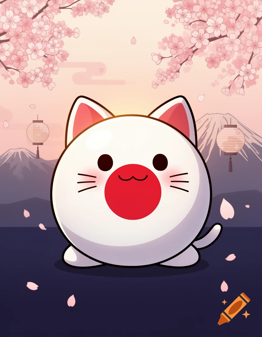 An illustrated, spherical white cat with a Japanese flag on its body, sitting before cherry blossoms and Mount Fuji.