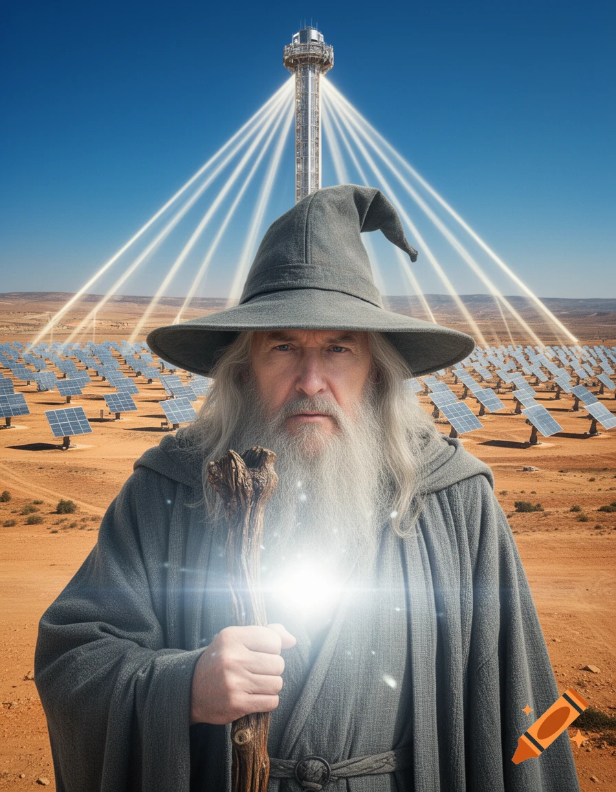 Photorealistic close-up portrait of Gandalf holding a glowing staff, with a futuristic solar power tower and mirrors in the arid desert background.