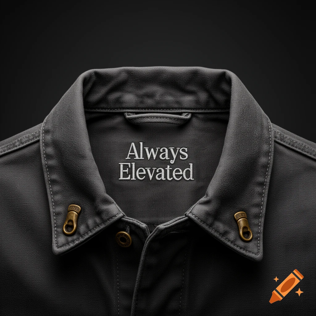 Close-up photorealistic shot of a dark charcoal work jacket collar with embroidered text Always Elevated inside.