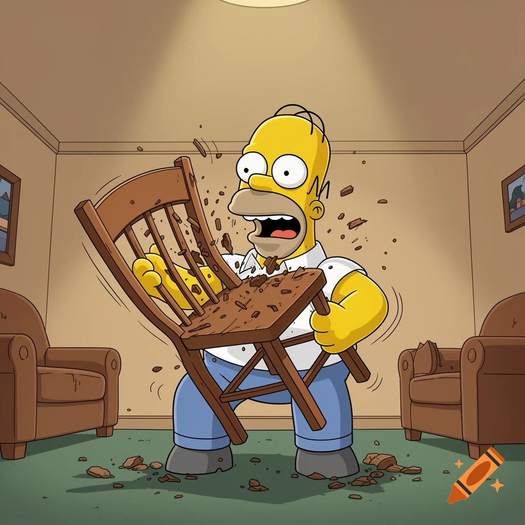 Homer Simpson in cartoon style, biting into a wooden chair inside a living room.
