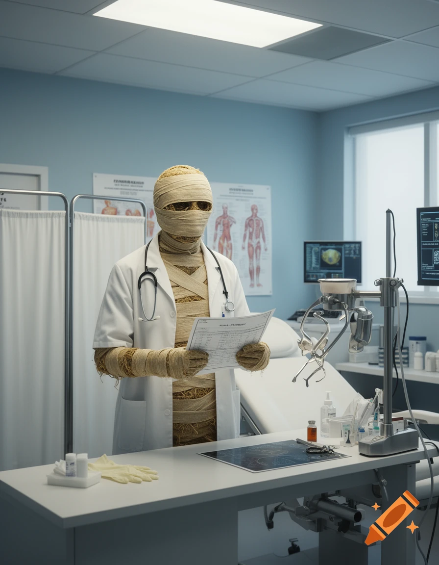 Photorealistic image of a mummy dressed as a doctor in a medical examination room, holding a chart.