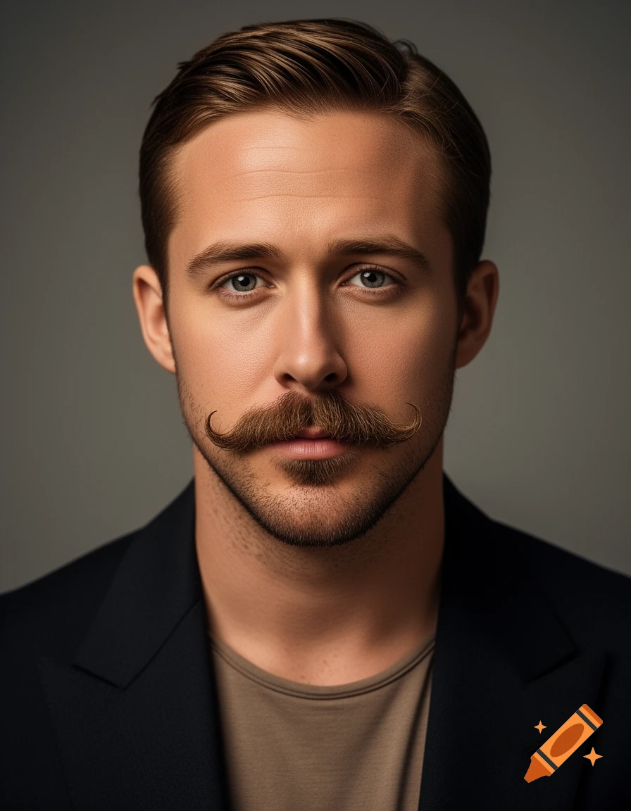 Photorealistic portrait of Ryan Gosling with a handlebar moustache and black blazer against a grey background